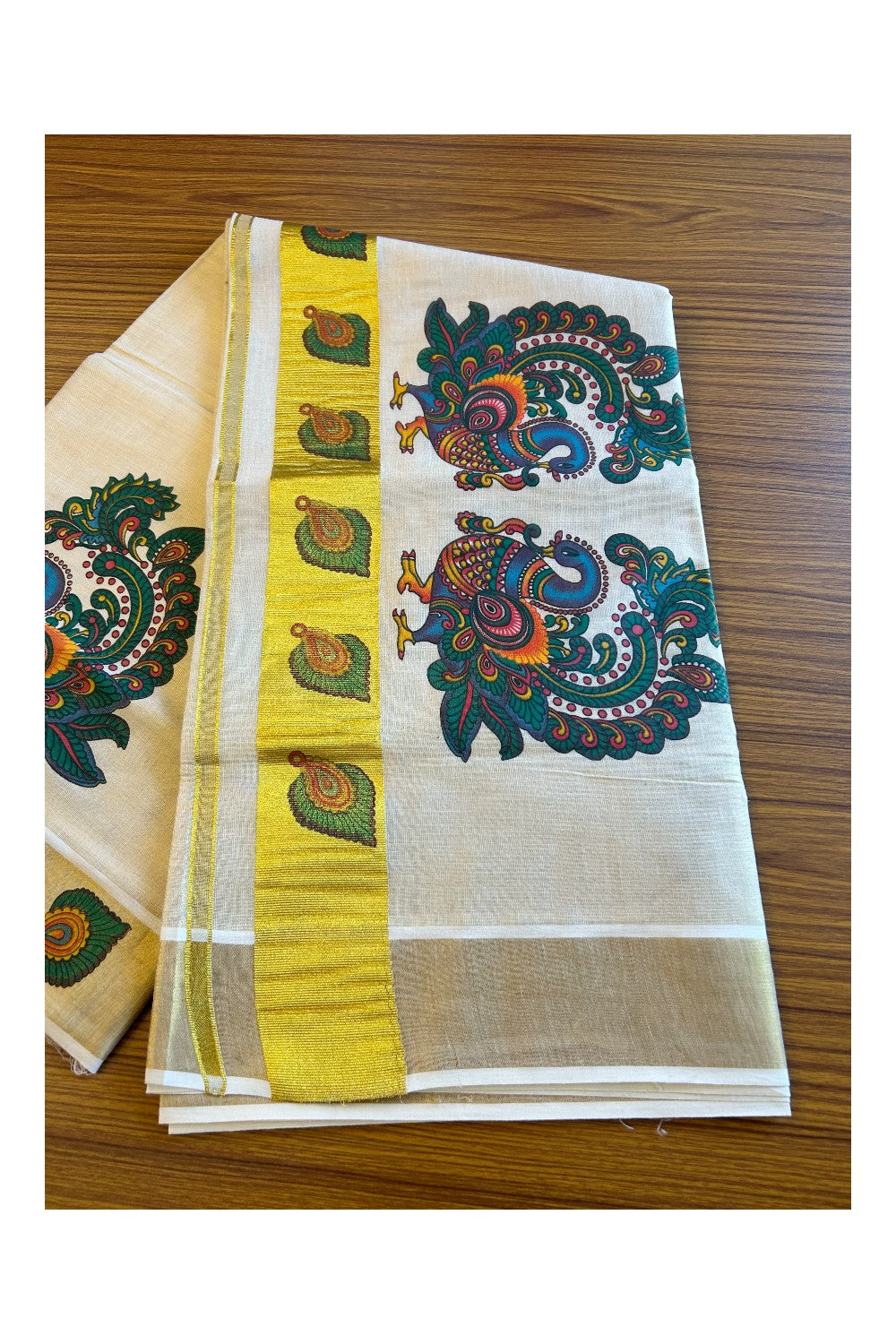 25% Discount!! Kaitharikada Kerala Cotton 24 inch Gold & Red Green Peacock Mural Printed Design Tissue Kasavu Saree - 42KK303VIN