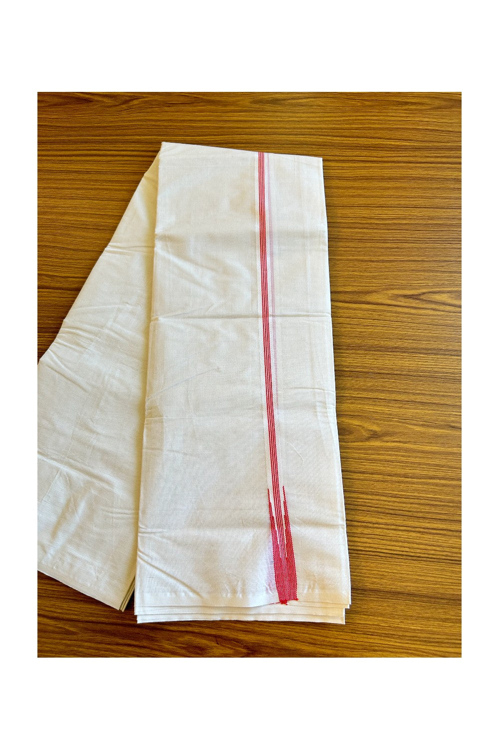 10% Discount ! KaithariKada Balaramapuram 100% Cotton Double Off white - (Unbleached) Mundu/Dhoti-100x100 Puliyilakkara 2.cm Chutty Pink Red Striped kara - 42KK500KK