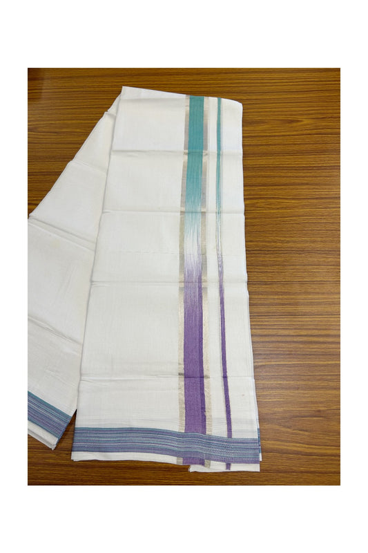 30% Discount!!! KaithariKada Balaramapuram  Double PURE WHITE Mundu/Dhoti - 100X80 - 1.75 inch Purple & Turquoise Green Silver Striped Designer Kara - 42KK5139THI