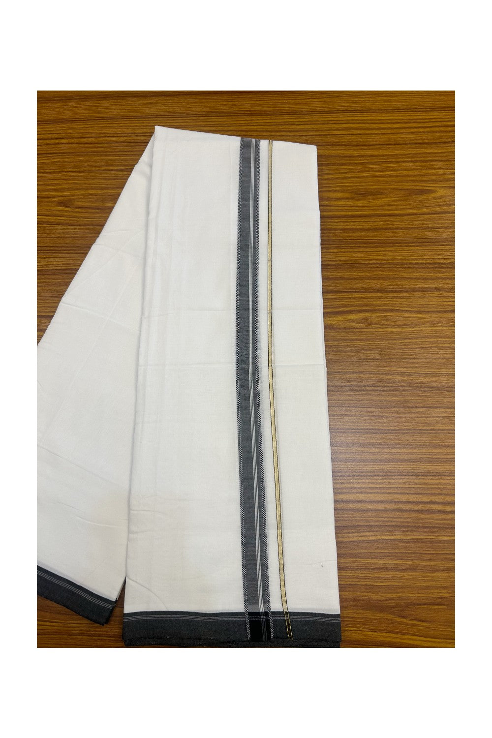 25% Discount! NEW ULTRA PURE WHITE HANDLOOM Balaramapuram - 100% Mercerised Cotton Double Mundu/Dhoti - 120(Twisted) x 80 - 1 inch Pure Kasavu Black shaded muthukuri & White stripes Kara 3.80 meter (8.5 Muzham) - 39KK5167REA
