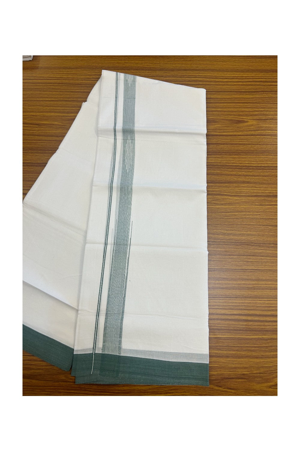 27% DISCOUNT!!! KaithariKada Balaramapuram 100% Cotton Double PURE white Mundu/Dhoti - 80X80 - 1.25 Inch Green shaded Centre stripes Putta Chutty kara - 42KK5074THI