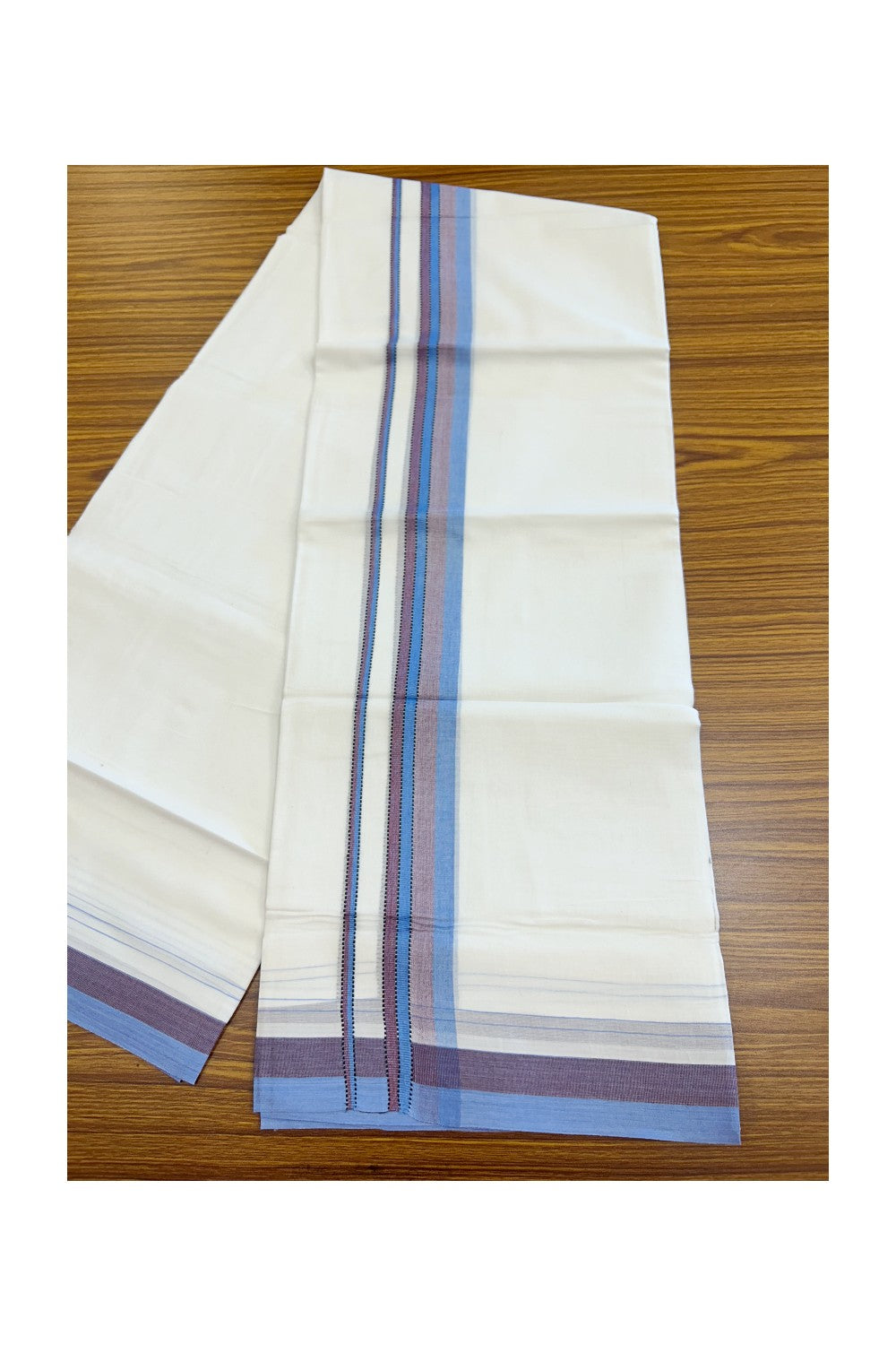 20% Discount ! Kaitharikada Balaramapuram 100% Cotton PURE WHITE Double Mundu/Dothi - 100x80 - 1.5 inch Light Blue & Purple Shaded Striped Kara - 42KK5182VAS