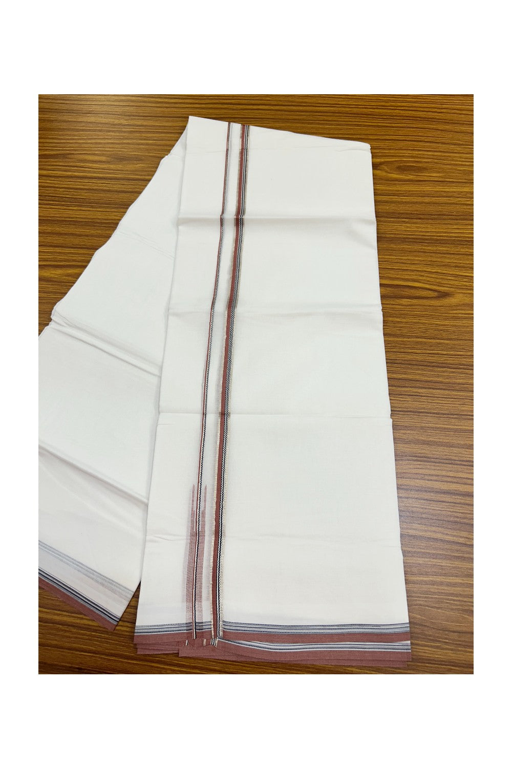 20% Discount !! Kaitharikada Balaramapuram 100% Cotton PURE WHITE DOUBLE Mundu/Dothi- 100X80 Thread - 0.5 inch - Silver Kasavu Brown & Black Design Chutty Kara - 42KK5191CKS