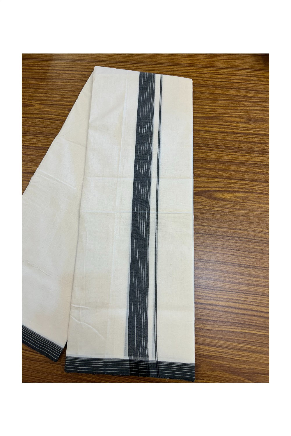 25% DISCOUNT!! KaithariKada HANDLOOM  UNAKKUPAAV Balaramapuram - 100% PURE Cotton OFF White - (Unbleached) Double Mundu/Dothi - 80X100 - 1.5 inch Black Striped Kara 3.80 meter (8.5 Muzham) - 42KK5209 REA