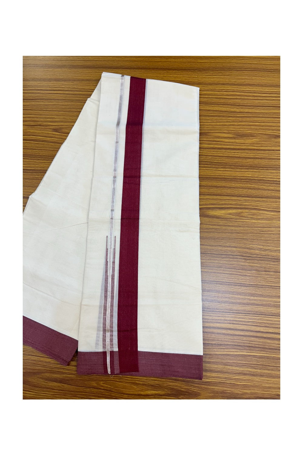 20% Discount ! KaithariKada Balaramapuram 100% Cotton Double OFF WHITE - (Unbleached) - Mundu / Dhoti- 100x80 - Puliyilakkara 1.5 inch Silver kasavu Maroon striped chutty - 42KK5213 VIN