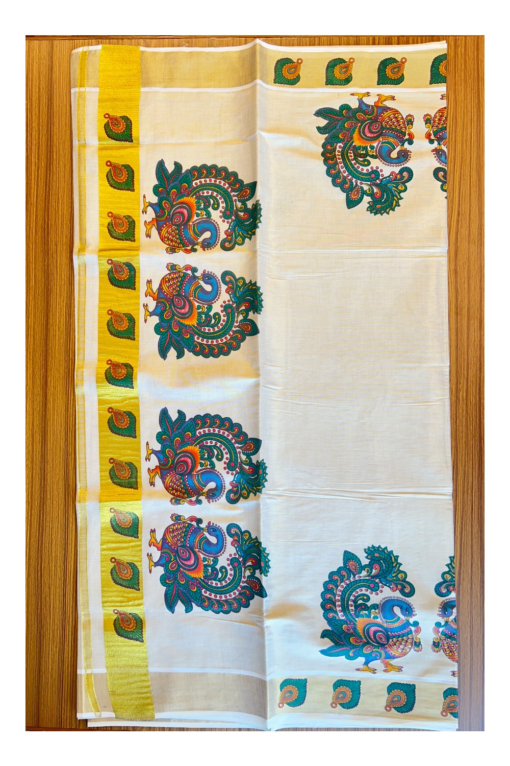25% Discount!! Kaitharikada Kerala Cotton 24 inch Gold & Red Green Peacock Mural Printed Design Tissue Kasavu Saree - 42KK303VIN
