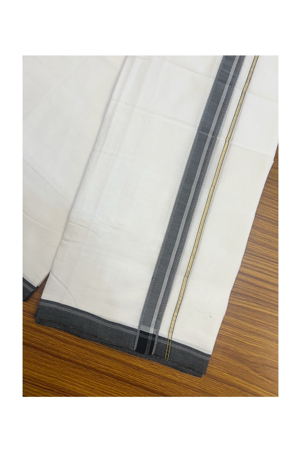 25% Discount! NEW ULTRA PURE WHITE HANDLOOM Balaramapuram - 100% Mercerised Cotton Double Mundu/Dhoti - 120(Twisted) x 80 - 1 inch Pure Kasavu Black shaded muthukuri & White stripes Kara 3.80 meter (8.5 Muzham) - 39KK5167REA