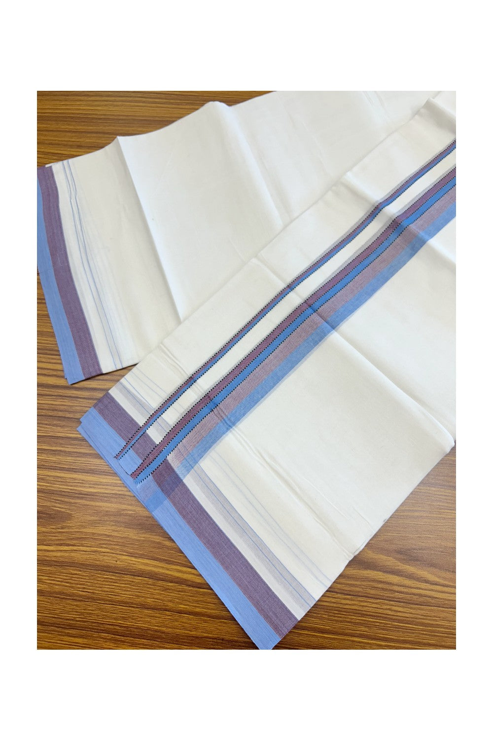 20% Discount ! Kaitharikada Balaramapuram 100% Cotton PURE WHITE Double Mundu/Dothi - 100x80 - 1.5 inch Light Blue & Purple Shaded Striped Kara - 42KK5182VAS