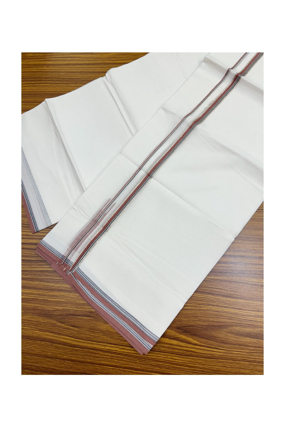 20% Discount !! Kaitharikada Balaramapuram 100% Cotton PURE WHITE DOUBLE Mundu/Dothi- 100X80 Thread - 0.5 inch - Silver Kasavu Brown & Black Design Chutty Kara - 42KK5191CKS