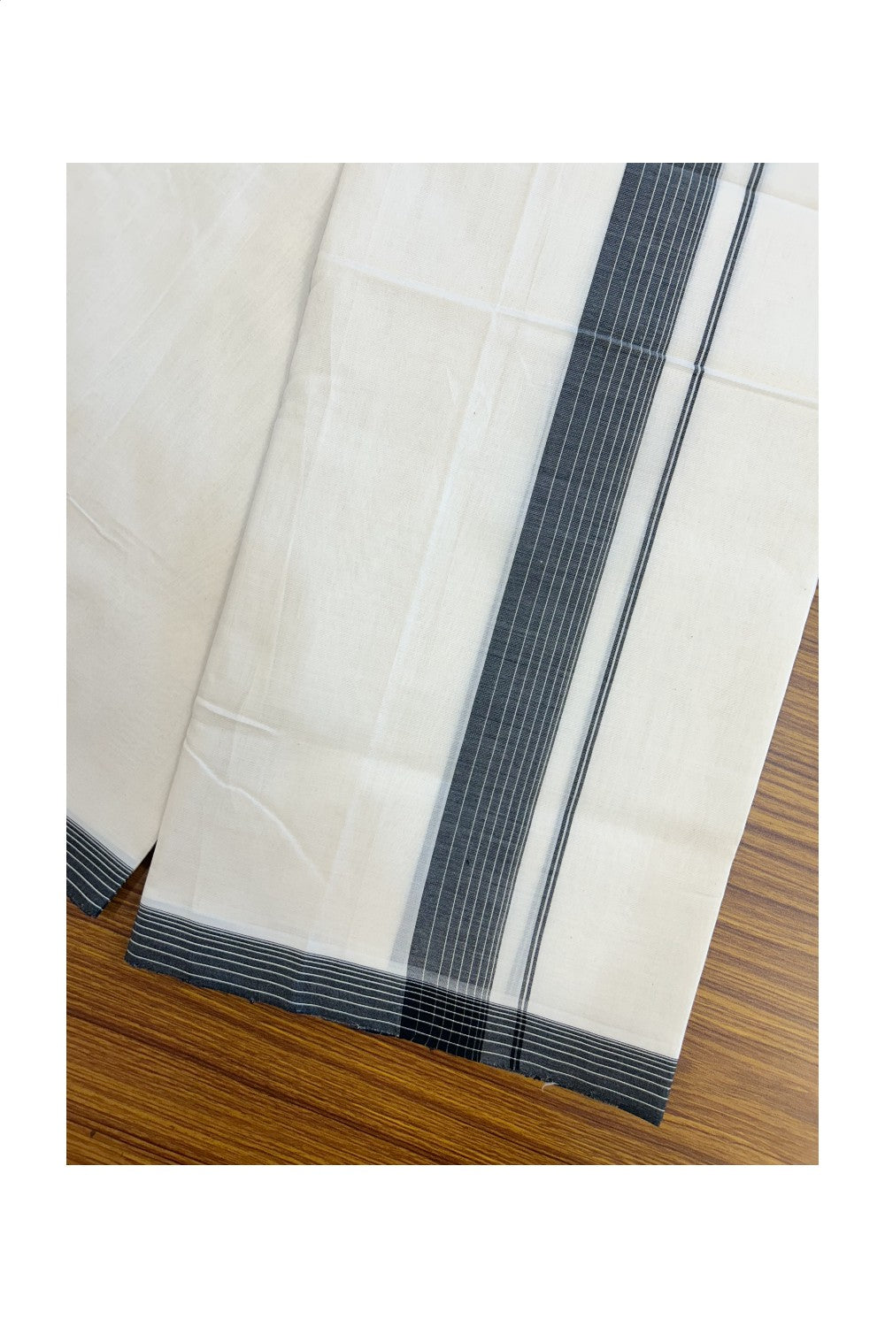 25% DISCOUNT!! KaithariKada HANDLOOM  UNAKKUPAAV Balaramapuram - 100% PURE Cotton OFF White - (Unbleached) Double Mundu/Dothi - 80X100 - 1.5 inch Black Striped Kara 3.80 meter (8.5 Muzham) - 42KK5209 REA