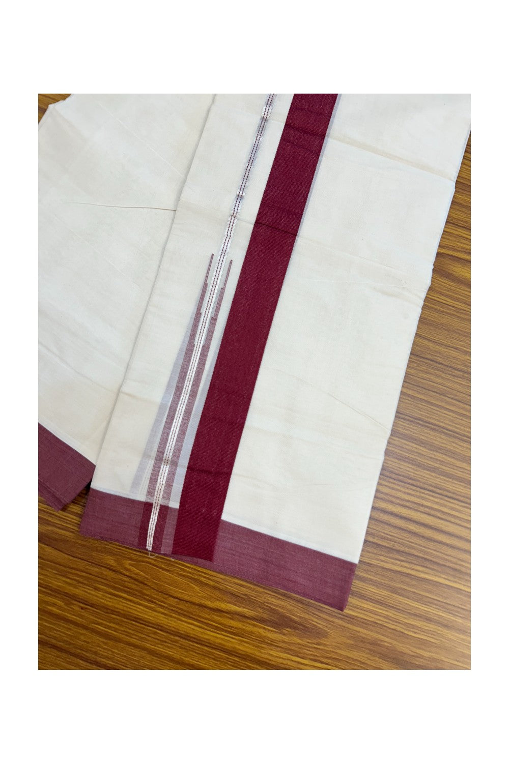 20% Discount ! KaithariKada Balaramapuram 100% Cotton Double OFF WHITE - (Unbleached) - Mundu / Dhoti- 100x80 - Puliyilakkara 1.5 inch Silver kasavu Maroon striped chutty - 42KK5213 VIN