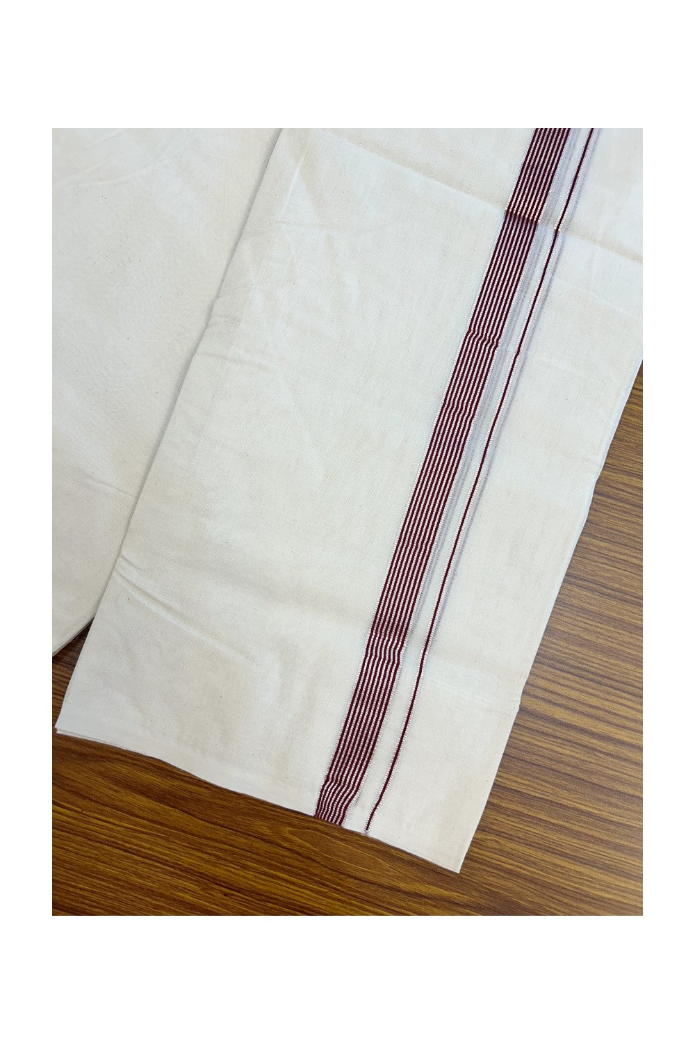 NEW !! 20% DISCOUNT!! KaithariKada Balaramapuram 100% Cotton Double Off white - (Unbleached) Mundu/Dhoti-100x80 - 0.75 inch Silver Kasavu & Maroon Striped KARA - 3.75 mtr (8 Muzham) - 42KK5218 ASH