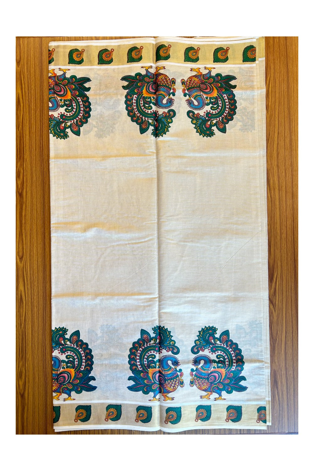 25% Discount!! Kaitharikada Kerala Cotton 24 inch Gold & Red Green Peacock Mural Printed Design Tissue Kasavu Saree - 42KK303VIN