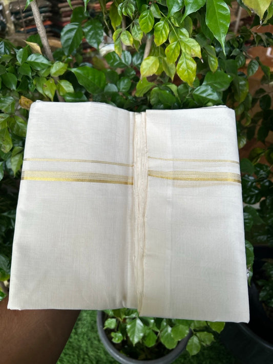 25% DISCOUNT!! KaithariKada HANDLOOM  UNAKKUPAAV Balaramapuram - 100% PURE Cotton OFF White - (Unbleached) Double Mundu/Dothi - 100 x 80 - Gold Kasav PURE JERRY - 3.80 meter (8.5 mulam) - 43 KK5249 REA