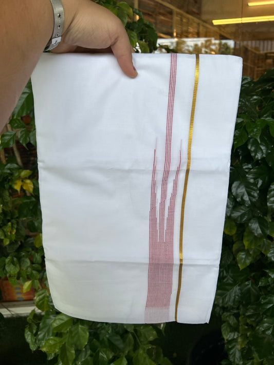 24% Discount! KaithariKada Balaramapuram 100% Cotton Pure white Double Mundu/Dhoti - (100x80)s - 1.5 inch Puliyilakkara Red pink Stripes Chutty Gold Kasav - 43 KK5258 THI