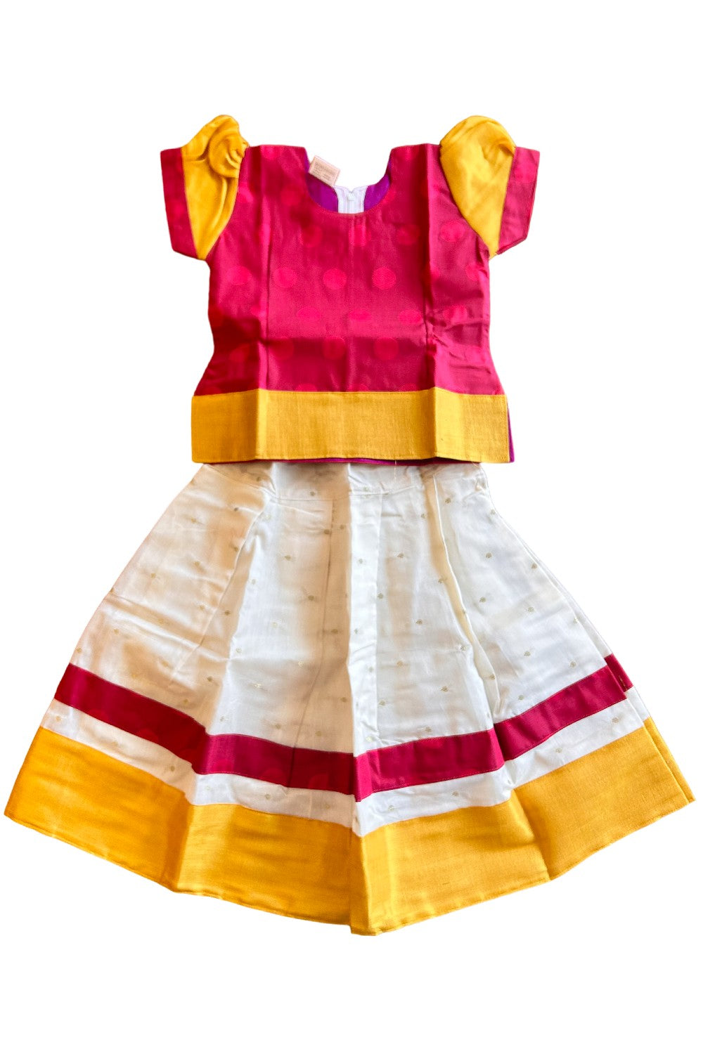 Midukki-Traditional South Indian Kids Pattu Pavada- Dark Pink top with emboss work offwhite skirt with kasavu- Age 3 - KK3MID0043