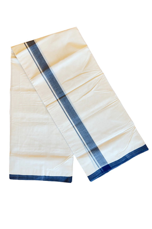 30% DISCOUNT!! KaithariKada HANDLOOM millpaav Balaramapuram - 100% PURE Cotton OFF White (Unbleached) Double Mundu/Dothi - 1.75 inch Navy Blue Mulloth Kara 4.5 Meters (10 Muzham) - 43KK403RAM