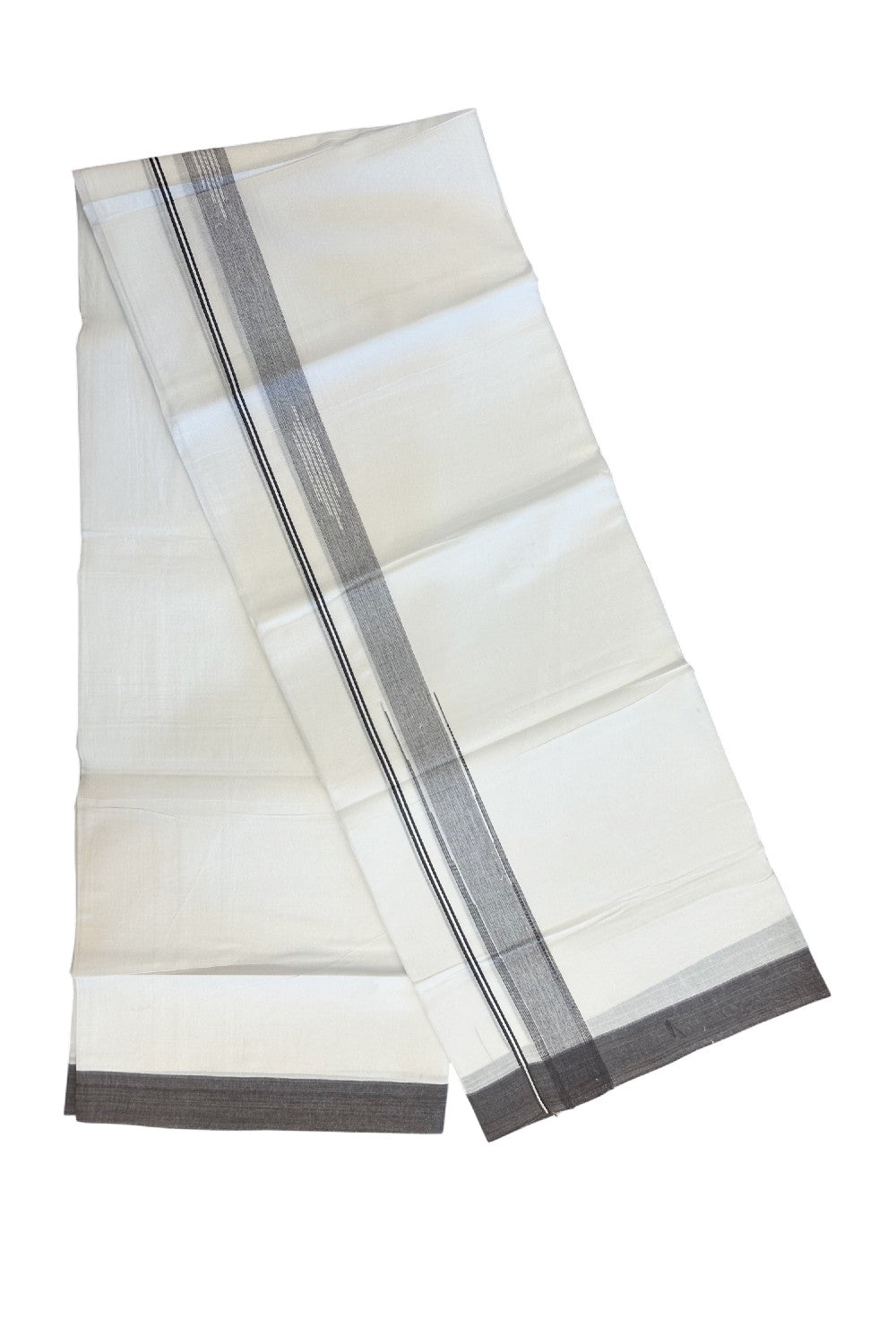 27% DISCOUNT!!! KaithariKada Balaramapuram 100% Cotton Double PURE white Mundu/Dhoti - 80X80 - 1.5 Inch Chocolate Brown shaded Centre stripes Putta Chutty kara - 43KK5074THI