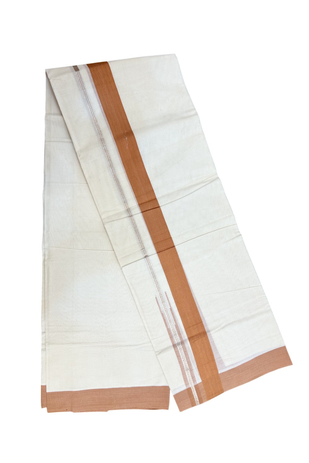 20% Discount ! KaithariKada Balaramapuram 100% Cotton Double OFF WHITE - (Unbleached) - Mundu / Dhoti- 100x80 - Puliyilakkara 1.5 inch Silver kasavu Light brown striped chutty - 43KK5213 VIN