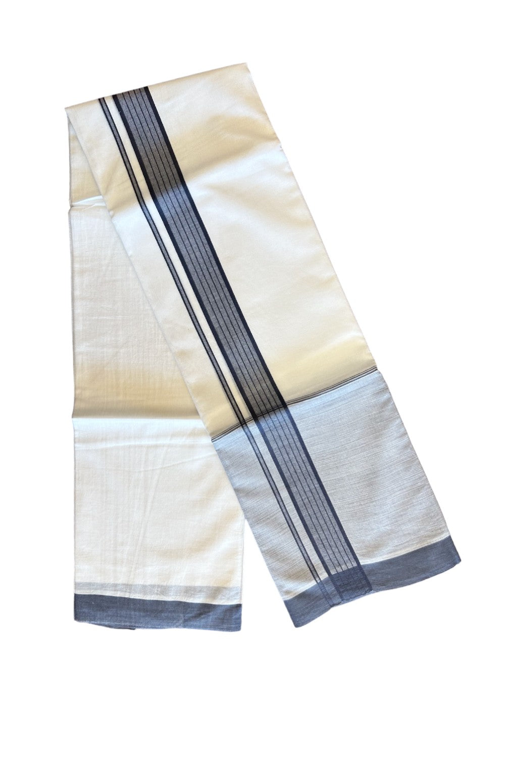 15% DISCOUNT!! Kaitharikada Balaramapuram 100% Cotton PURE WHITE Double Mundu/Dothi-100x100 GREY SHADED Cotton Kara 3.75m (8 Muzham) - 43KK74RAM