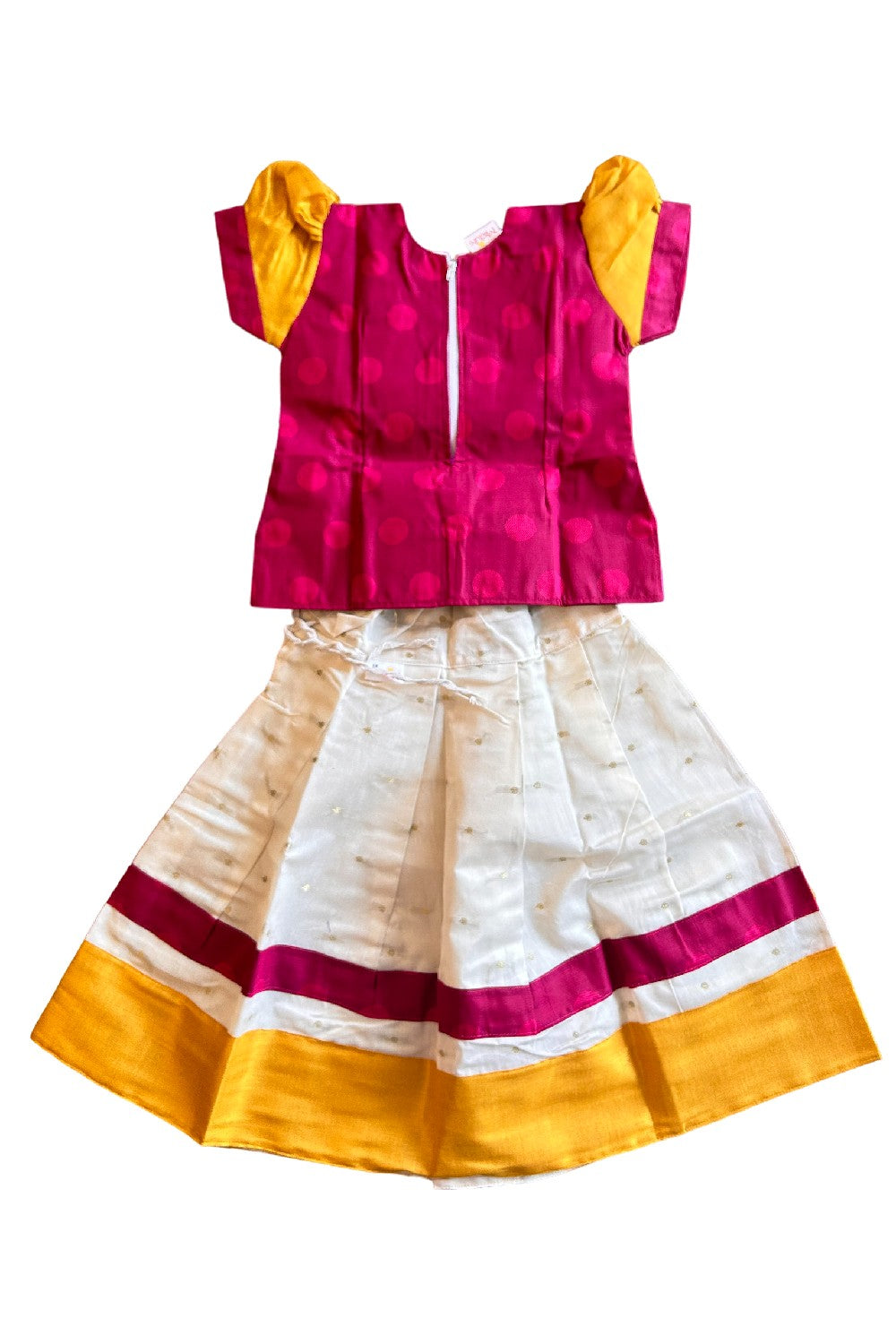 Midukki-Traditional South Indian Kids Pattu Pavada- Dark Pink top with emboss work offwhite skirt with kasavu- Age 3 - KK3MID0043