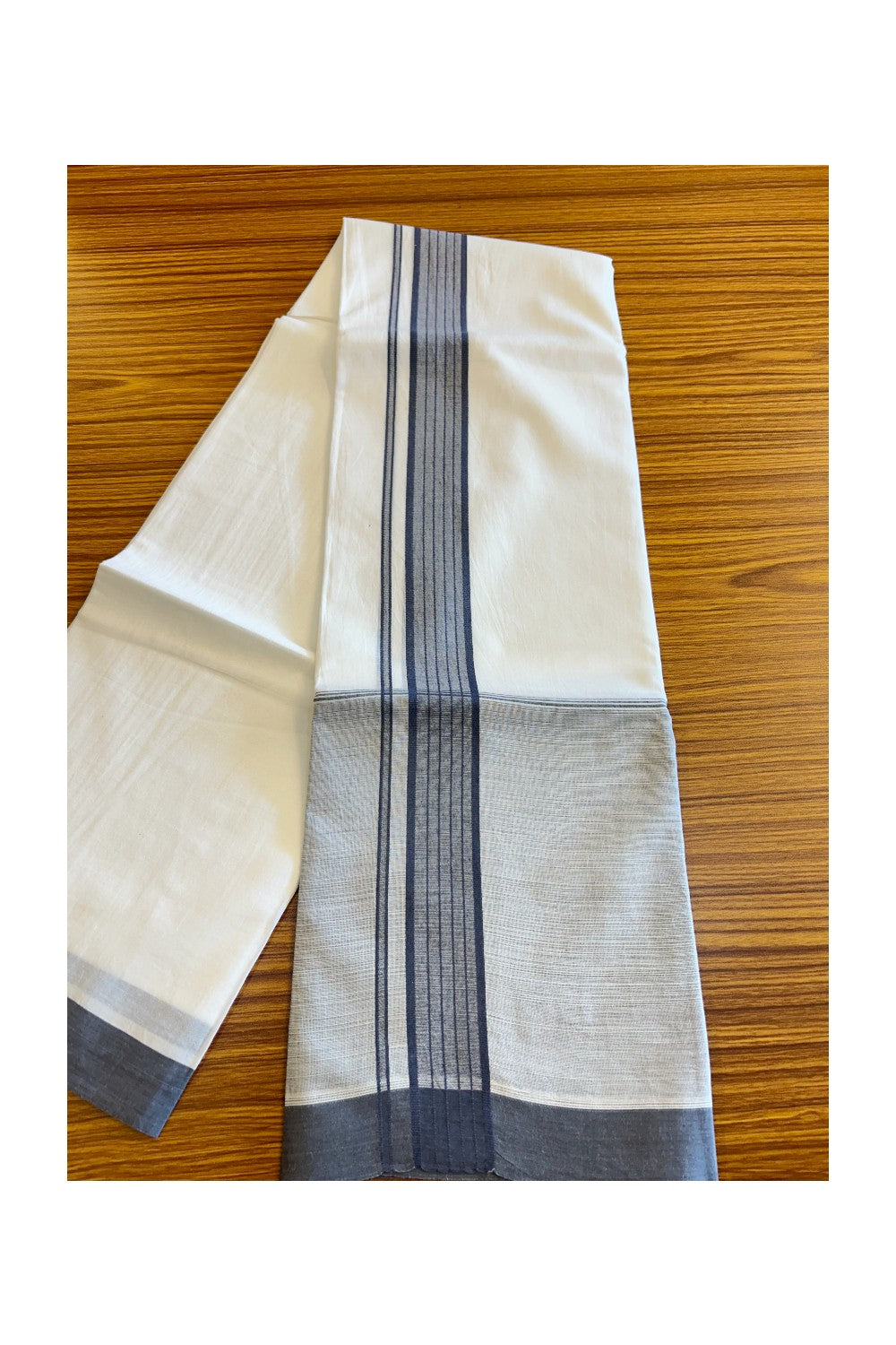 15% DISCOUNT!! Kaitharikada Balaramapuram 100% Cotton PURE WHITE Double Mundu/Dothi-100x100 GREY SHADED Cotton Kara 3.75m (8 Muzham) - 43KK74RAM