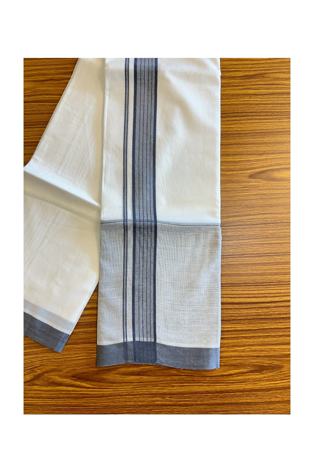 15% DISCOUNT!! Kaitharikada Balaramapuram 100% Cotton PURE WHITE Double Mundu/Dothi-100x100 GREY SHADED Cotton Kara 3.75m (8 Muzham) - 43KK74RAM