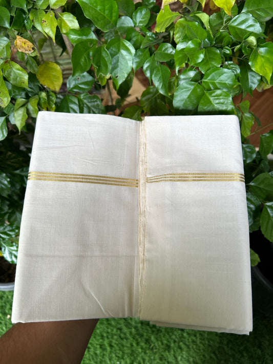 25% DISCOUNT!! KaithariKada HANDLOOM  UNAKKUPAAV Balaramapuram - 100% PURE Cotton OFF White - (Unbleached) Double Mundu/Dothi - 100 x 80 - Gold Kasav PURE JERRY - 3.80 meter (8.5 mulam) - 44 KK5249 REA