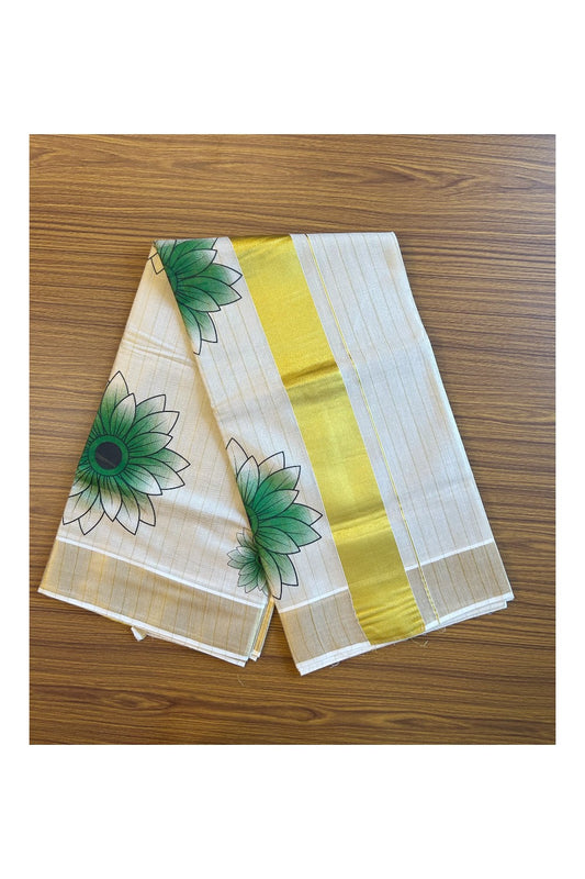 25% Discount!! Kaitharikada Kerala Cotton 12 inch Gold & Green Flower Painted Design Tissue Kasavu Saree - 44KK303VIN