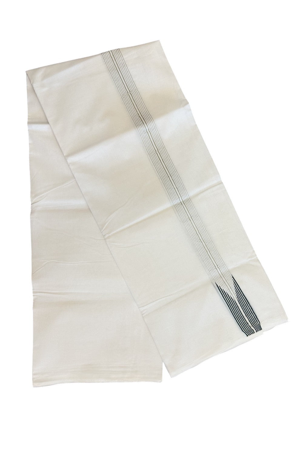 26% DISCOUNT ! KaithariKada Balaramapuram 100% Cotton PURE WHITE Double Dhoti/Mundu-  1.25 inch 12 Line Puliyilakkara Chutty Dark Green & Silver Kasavu Kara -44KK5043ASH