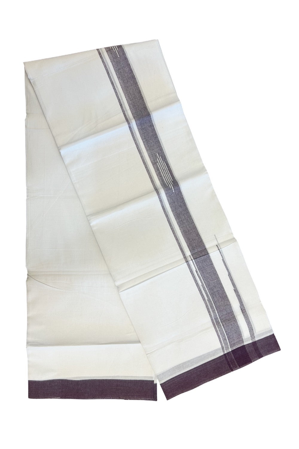 27% DISCOUNT!!! KaithariKada Balaramapuram 100% Cotton Double PURE white Mundu/Dhoti - 80X80 - 2.25 Inch Dark Purple shaded Centre stripes Putta Chutty kara - 44KK5074THI