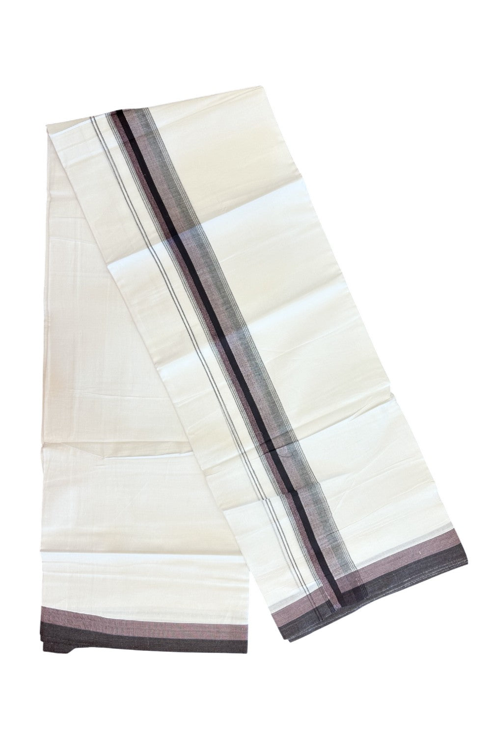 20% Discount ! Kaitharikada Balaramapuram 100% Cotton PURE WHITE Double Mundu/Dothi - 100x80 - 2 inch Wine Purple & Onion pink Shaded Striped Kara - 44KK5182VAS