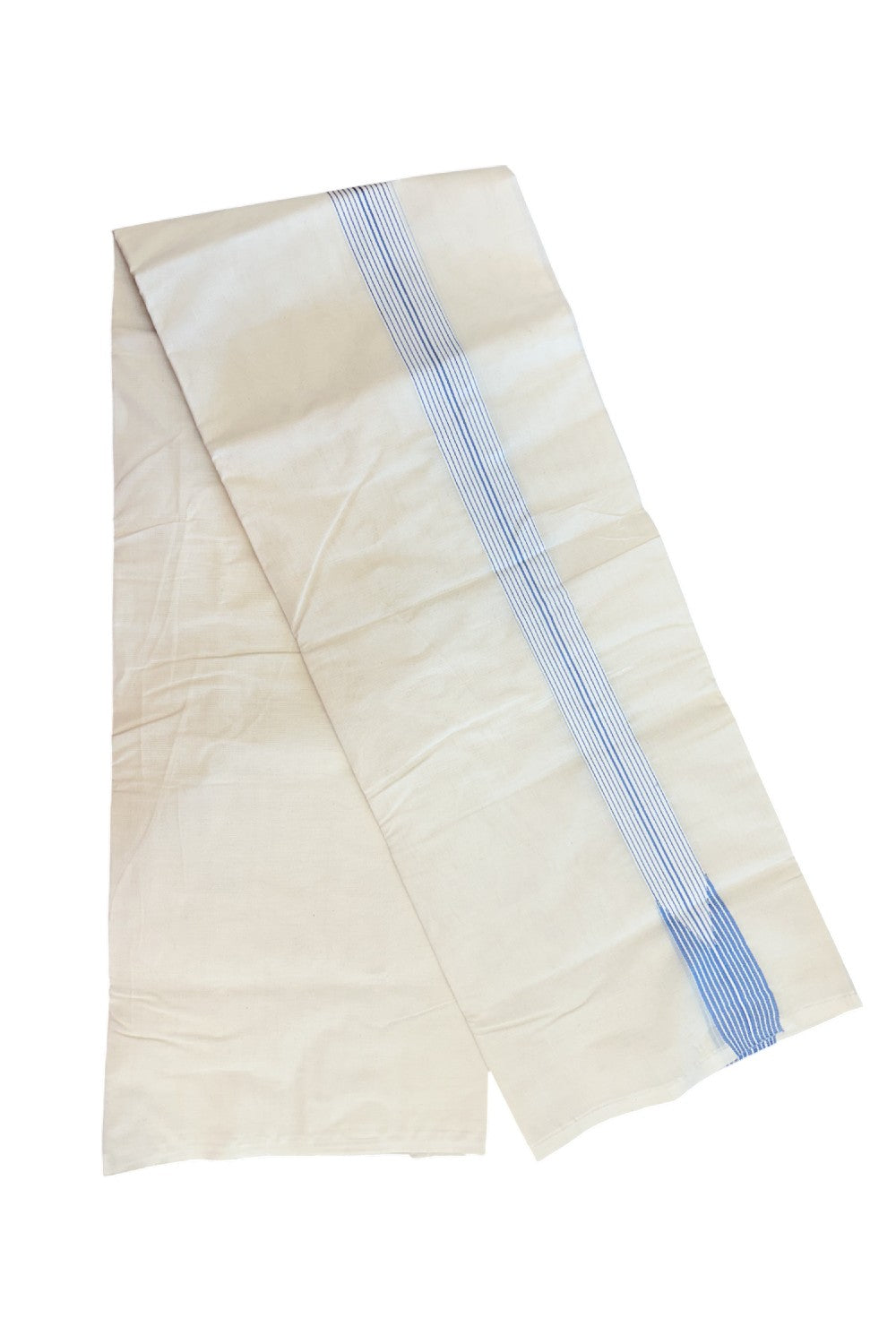 20%OFFER! KaithariKada Balaramapuram 100% Cotton Double OFF WHITE - (Unbleached) Mundu/Dhoti-100x100 - 1.5 inch  12 LINE Puliyilakkara Blue Chutty Kara-  44KK5218ASH