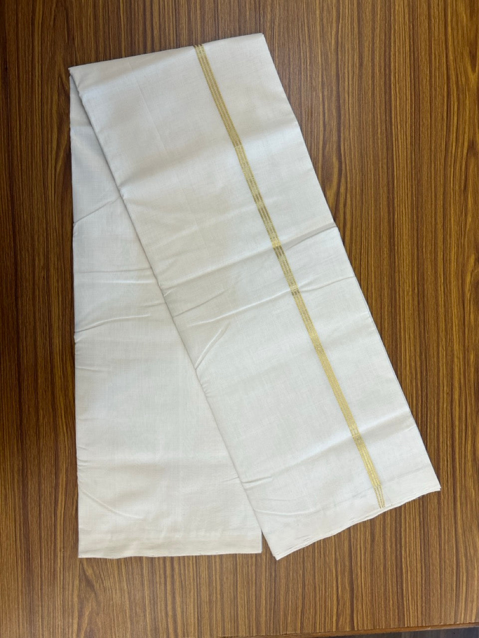 25% DISCOUNT!! KaithariKada HANDLOOM  UNAKKUPAAV Balaramapuram - 100% PURE Cotton OFF White - (Unbleached) Double Mundu/Dothi - 100 x 80 - Gold Kasav PURE JERRY - 3.80 meter (8.5 mulam) - 44 KK5249 REA