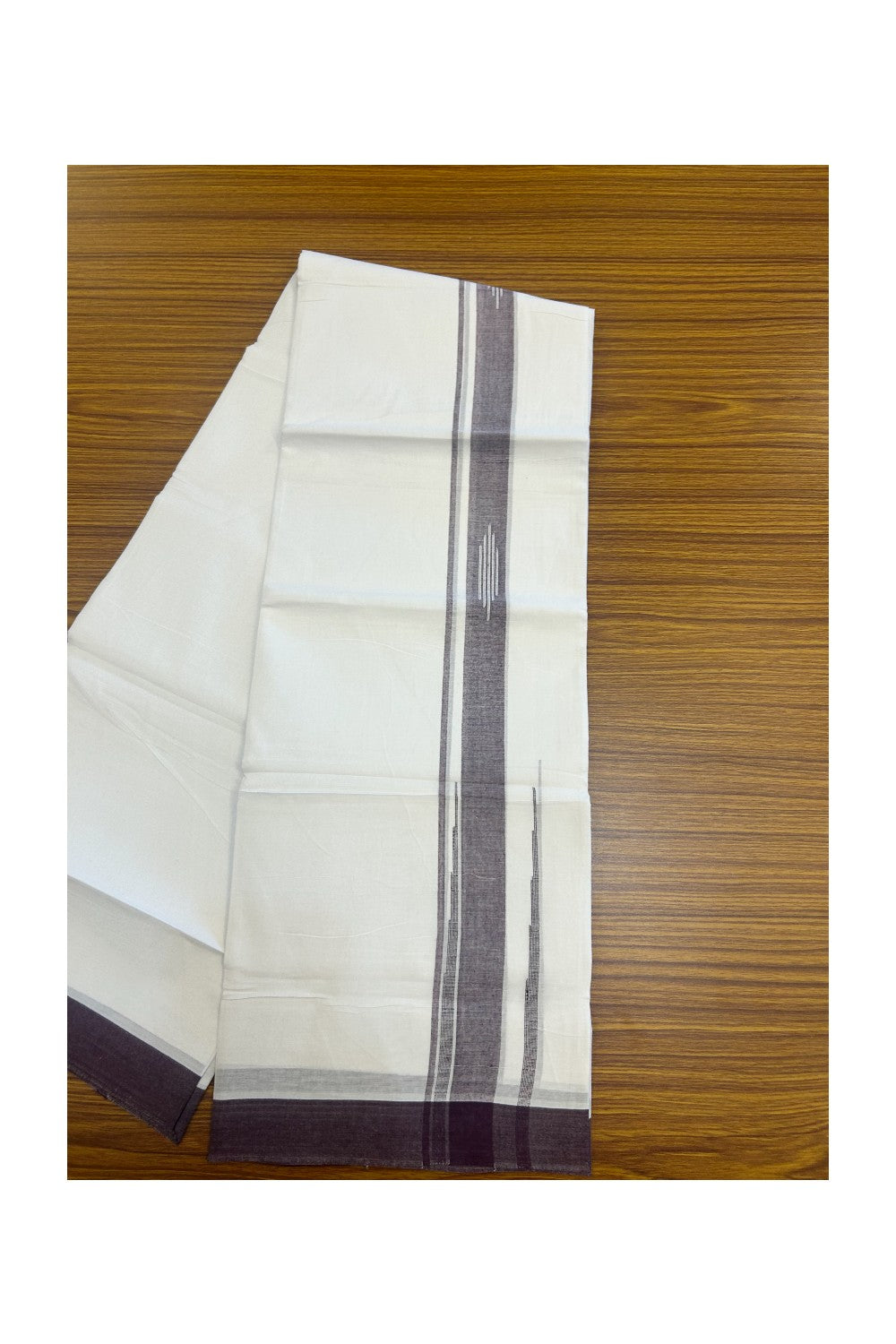 27% DISCOUNT!!! KaithariKada Balaramapuram 100% Cotton Double PURE white Mundu/Dhoti - 80X80 - 2.25 Inch Dark Purple shaded Centre stripes Putta Chutty kara - 44KK5074THI