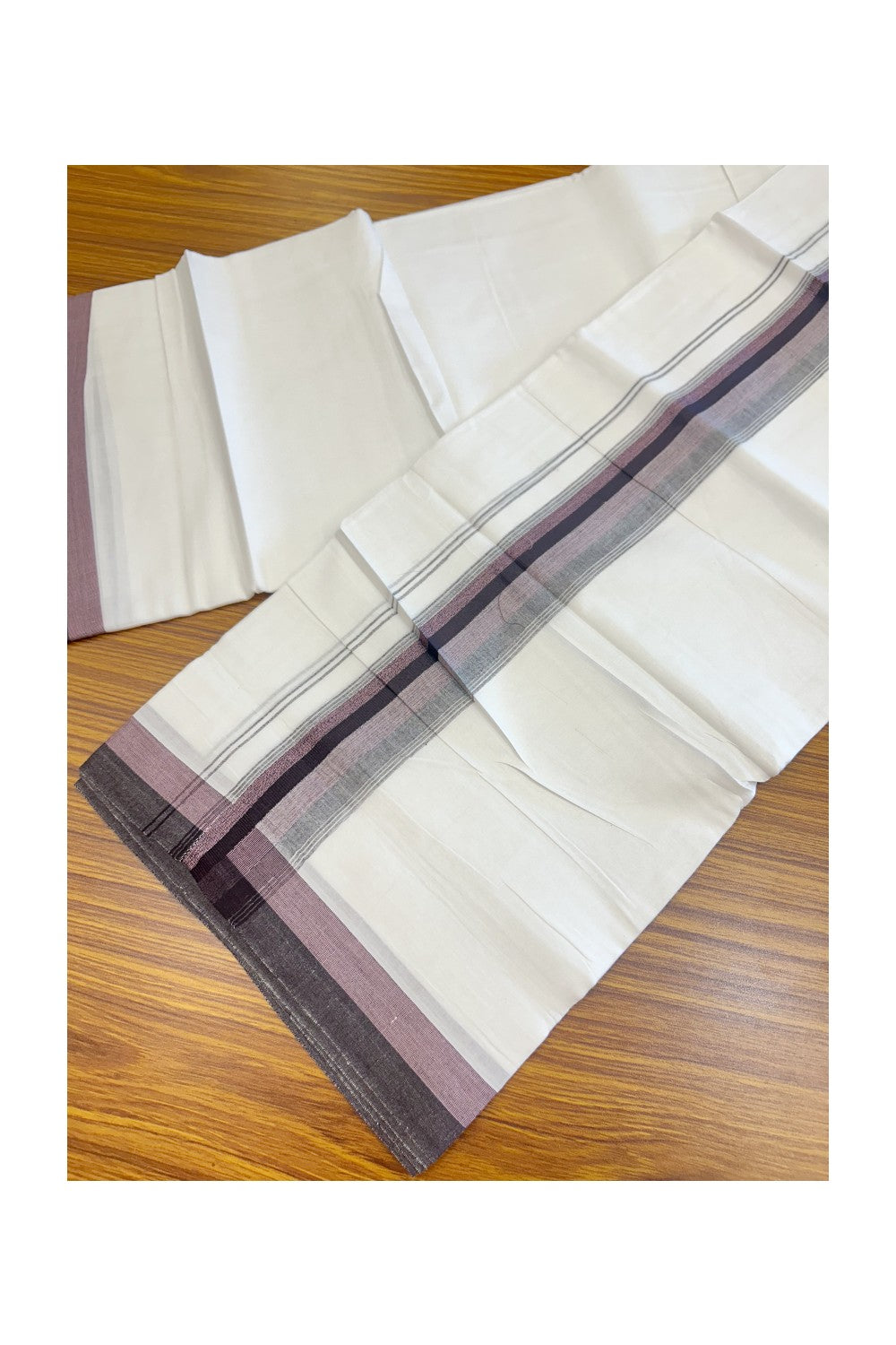 20% Discount ! Kaitharikada Balaramapuram 100% Cotton PURE WHITE Double Mundu/Dothi - 100x80 - 2 inch Wine Purple & Onion pink Shaded Striped Kara - 44KK5182VAS