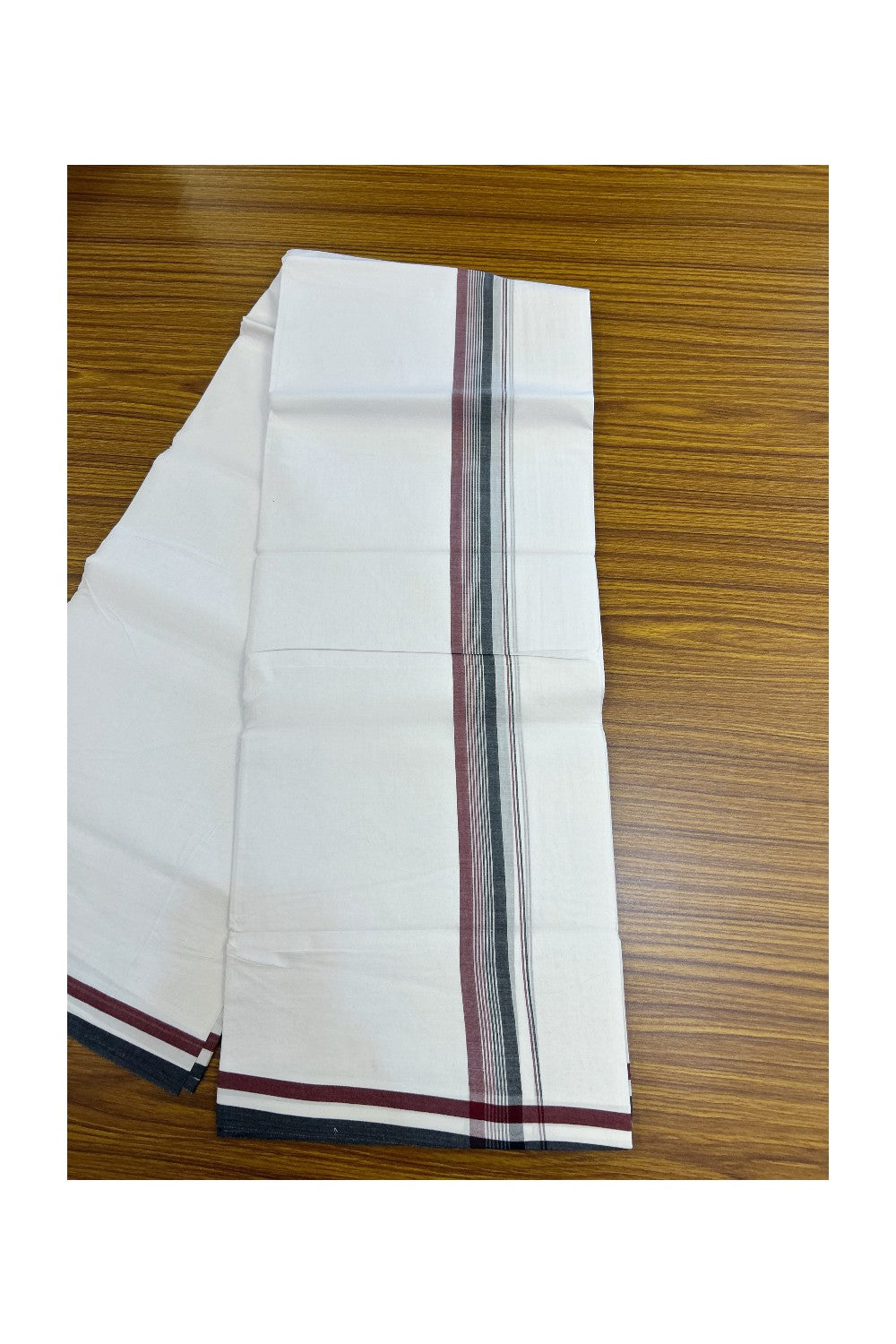 ADMK VESHTI - 20% DISCOUNT! KaithariKada 100% Cotton PURE WHITE Double Mundu/Dhoti - 100X100 - 1.25 inch Black White & Maroon kara 4 mtr (8.5 muzham) - 42KK5224 ASH