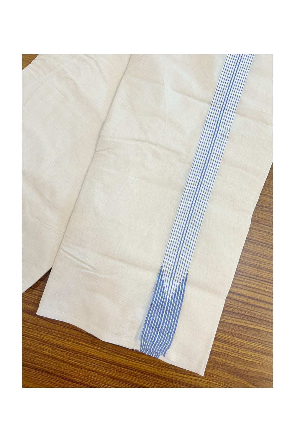 20%OFFER! KaithariKada Balaramapuram 100% Cotton Double OFF WHITE - (Unbleached) Mundu/Dhoti-100x100 - 1.5 inch  12 LINE Puliyilakkara Blue Chutty Kara-  44KK5218ASH