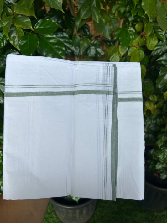 20% DISCOUNT!! NEW!! KaithariKada Balaramapuram 100% Cotton PURE WHITE Double Mundu/Dhoti - (100x80)s - 0.5 inch Green Yellow Shaded Kara - 45 KK5249 VIN