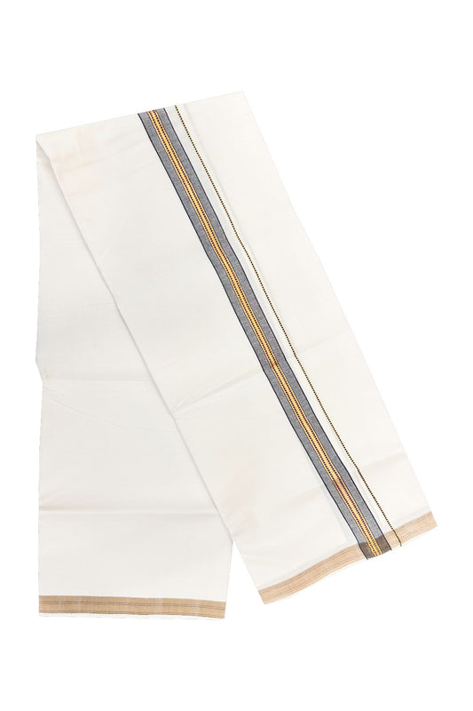 30% OFFER! KaithariKada 100% Cotton Balaramapuram HANDLOOM Single PURE WHITE Mundu/Dhoti - 1.75 inch (2 meter / 4 muzham) Black Kasavu Kara & Pink Stripes Design   - 45KAI.