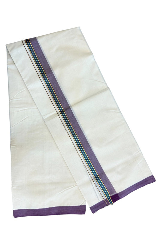 25% DISCOUNT!! KaithariKada HANDLOOM Millpaav Balaramapuram - 100% PURE Cotton OFF White Double - (Unbleached) Mundu/Dothi - 2 inch VIOLET & GOLD KASAVU PEACOCK BLUE Stripes Kara - 45KK5029RAM