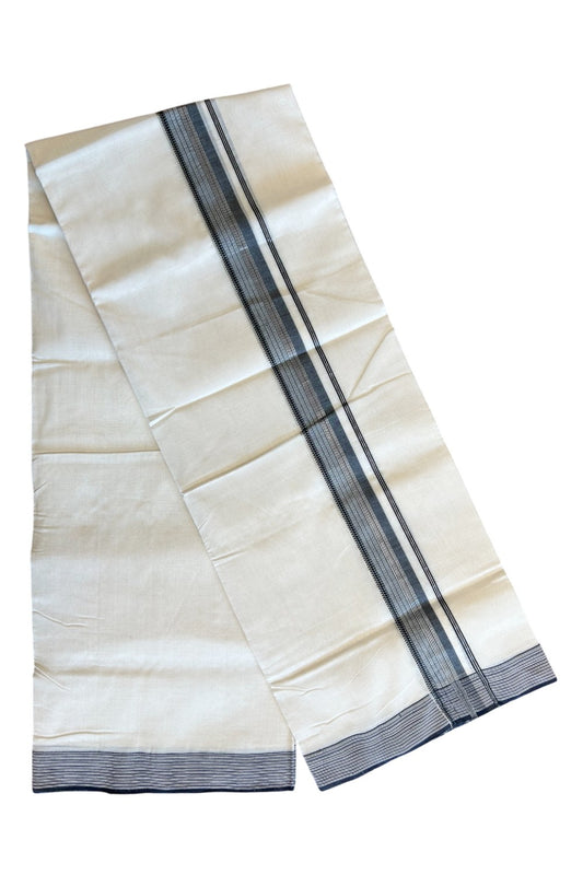 25% DISCOUNT!! KaithariKada HANDLOOM Unakkupaavu Balaramapuram - 100% PURE Cotton OFF White (Unbleached) Double Mundu/Dothi - Silver kasavu Black & white striped kara - 16KK203RAM