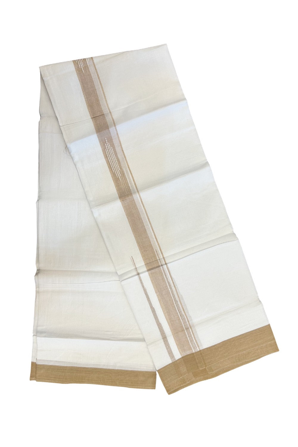 27% DISCOUNT!!! KaithariKada Balaramapuram 100% Cotton Double PURE white Mundu/Dhoti - 80X80 - 2.25 Inch Sand Brown shaded Centre stripes Putta Chutty kara - 45KK5074THI