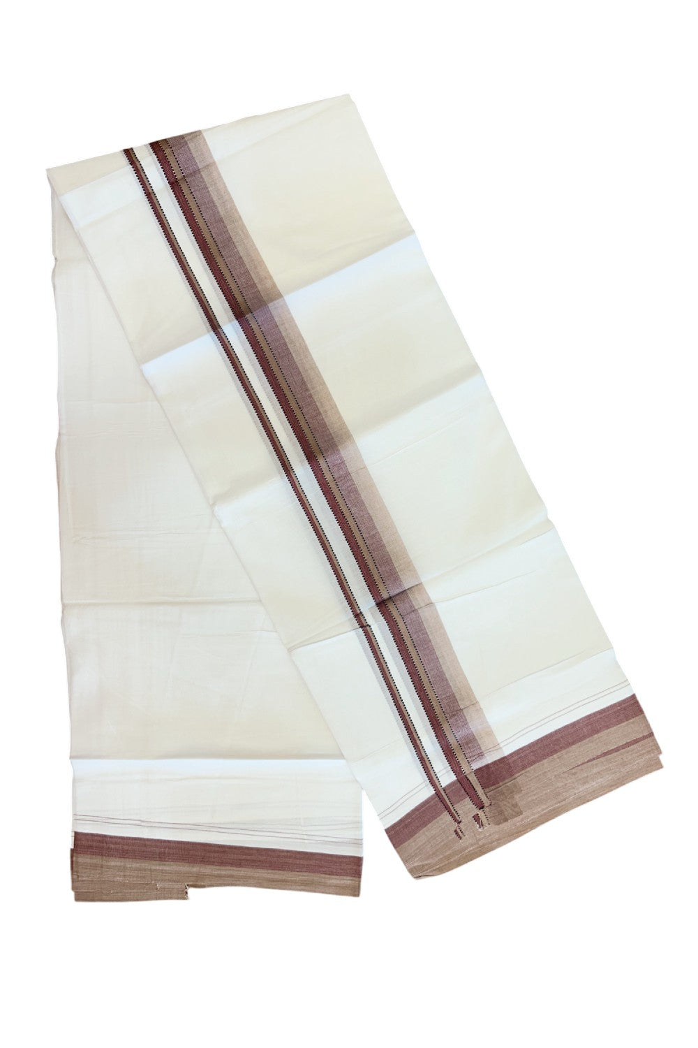 20% Discount ! Kaitharikada Balaramapuram 100% Cotton PURE WHITE Double Mundu/Dothi - 100x80 - 1 inch Brown & Maroon Shaded Striped Kara - 45KK5182VAS