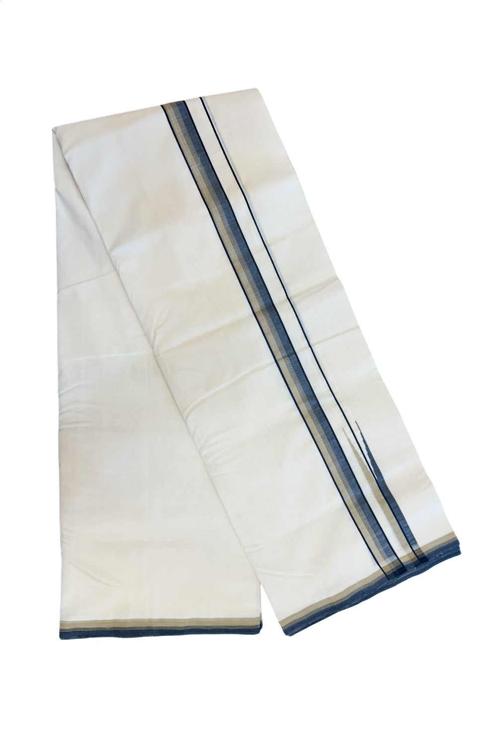 25% DISCOUNT!! KaithariKada HANDLOOM  UNAKKUPAAV Balaramapuram - 100% PURE Cotton OFF White - (Unbleached) Double Mundu/Dothi - 80X100 - 1 inch Puliyilakkara Peacock blue & pastel Olive Green chutty Kara 3.80 meter (8.5 Muzham) - 45KK5209 REA
