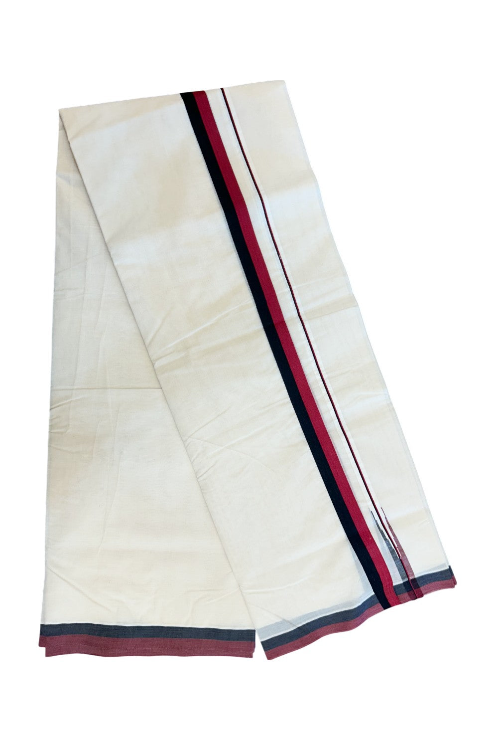 DMK Veshti - 20% DISCOUNT! KaithariKada 100% Cotton off white Double - (Unbleached) Mundu/Dhoti - 100X100 - 1 inch Puliyilakkara Black &  Light Maroon Chutty kara - 45KK5218ASH