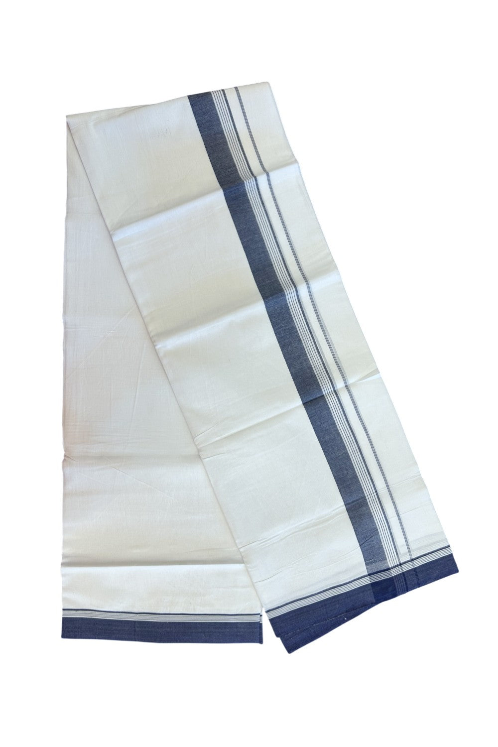 20% Discount ! Kaitharikada Balaramapuram 100% Cotton PURE WHITE Double Mundu/Dothi - 100x80 - 1.5 inch Navy Blue Striped Kara 3.75 mtr (8 muzham) - 45KK5220 THI