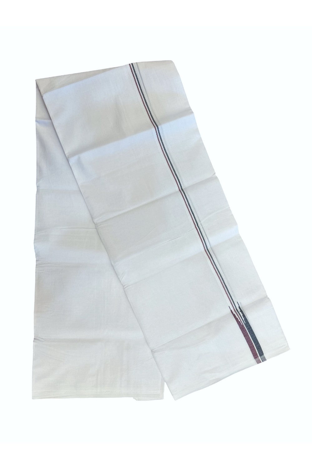 ADMK VESTHI 20% DISCOUNT ! KaithariKada Balaramapuram 100% COTTON DOUBLE PURE WHITE Mundu/Dhoti-100X100- 0.75 Inch Puliyilakkara Maroon & Black Shaded Chutty Kara 3.75 mtr (8 muzham) - 43KK5224 ASH