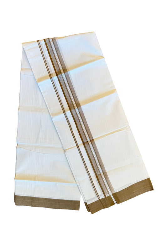 19% DISCOUNT!!! KaithariKada Balaramapuram 100% Cotton Double PURE white Mundu/Dhoti-100x100   2.5 Inch Central stripes Peanut brown & white shaded  kara  - 45KK83VIN