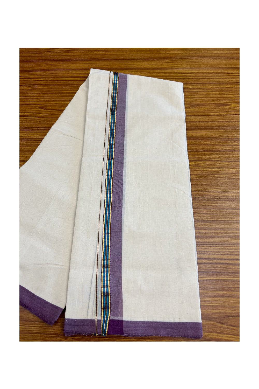 25% DISCOUNT!! KaithariKada HANDLOOM Millpaav Balaramapuram - 100% PURE Cotton OFF White Double - (Unbleached) Mundu/Dothi - 2 inch VIOLET & GOLD KASAVU PEACOCK BLUE Stripes Kara - 45KK5029RAM